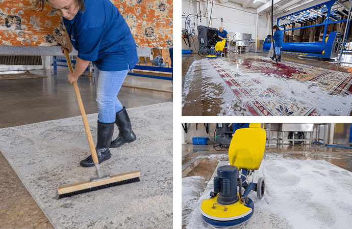 Hand mopping a rug vs. using an automated rug cleaning machine.