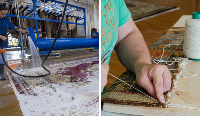 collage of rug cleaning and rug repair