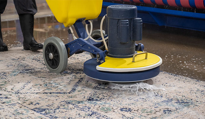 Professional cleaning a rug using equipment
