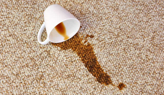 A white cup spilling coffee onto a rug, creating a noticeable stain.