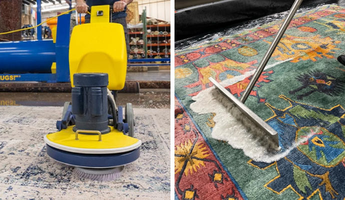collage of different type rug cleaning process using equipment