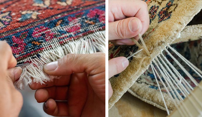 a collage of rug fringe repair and rug patching