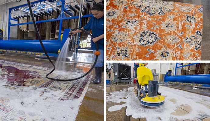 Collage of rug wet-cleaning, steam cleaning and deep cleaning