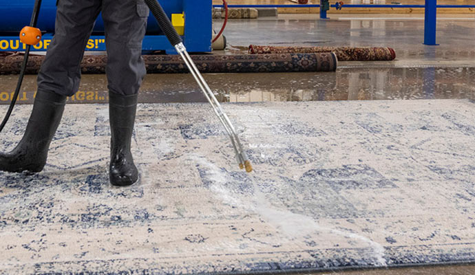 Professionals pressure-wash rugs.